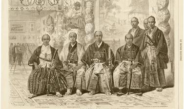 Members of the Takenouchi mission to Europe (1862), pictured wearing traditional dress and each carrying a daishō or pair of swords (katana and wakizashi). This engraving, published in Le Monde illustré, was based on photographs taken in the Paris studio 