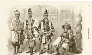 Members of the Ikeda mission to France (1864), which ultimately failed in its objective to postpone the opening of the trading port of Yokohama to the western treaty powers. This engraving, published in the illustrated press of the day, was based on two p