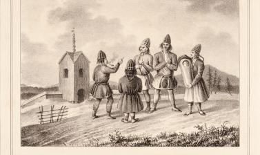 Lithograph produced in Berlin by Hermann Delius, published in 1841, showing a group of five Saami people, one of whom carries a baby, with the old wooden church at Arvidsjaur depicted in the background. (Copyright Pitt Rivers Museum, University of Oxford.