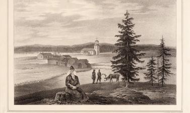 Lithograph produced in Berlin by Hermann Delius, published in 1841, showing a view of the ancient Saami settlement of Lycksele, Sweden, with its wooden church visible at the centre of the image. (Copyright Pitt Rivers Museum, University of Oxford. Accessi