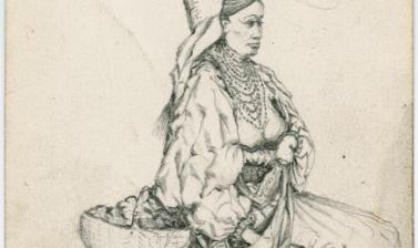 Pencil study of a woman, identified as a Croat woman seen in the market place of Zagreb, Croatia. Drawing by Arthur Evans. August 1875. (Copyright Pitt Rivers Museum, University of Oxford. Accession Number: 1941.8.179)