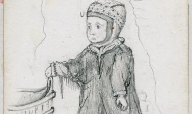 Portrait of a Saami girl. ‘This is a delightful little family’, Arthur Evans wrote of his hosts at Lake Inari in Finnish Lapland. ‘There is a little girl of 3 in a Lapp cap & blue tunic with the usual blue stripes about it; & a little boy of 5 who recited