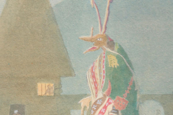 Watercolour painting of figure in masquerade costume resembling an insect