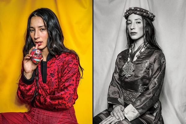 Double portrait of Kesang Ball in modern and traditional dress