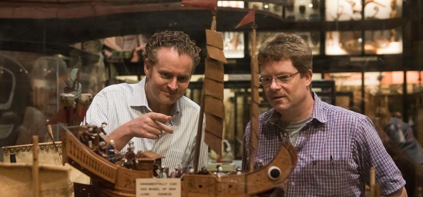 Dr Tim Myatt and Philip Grover exploring the displays. Photo by John Cairns.
