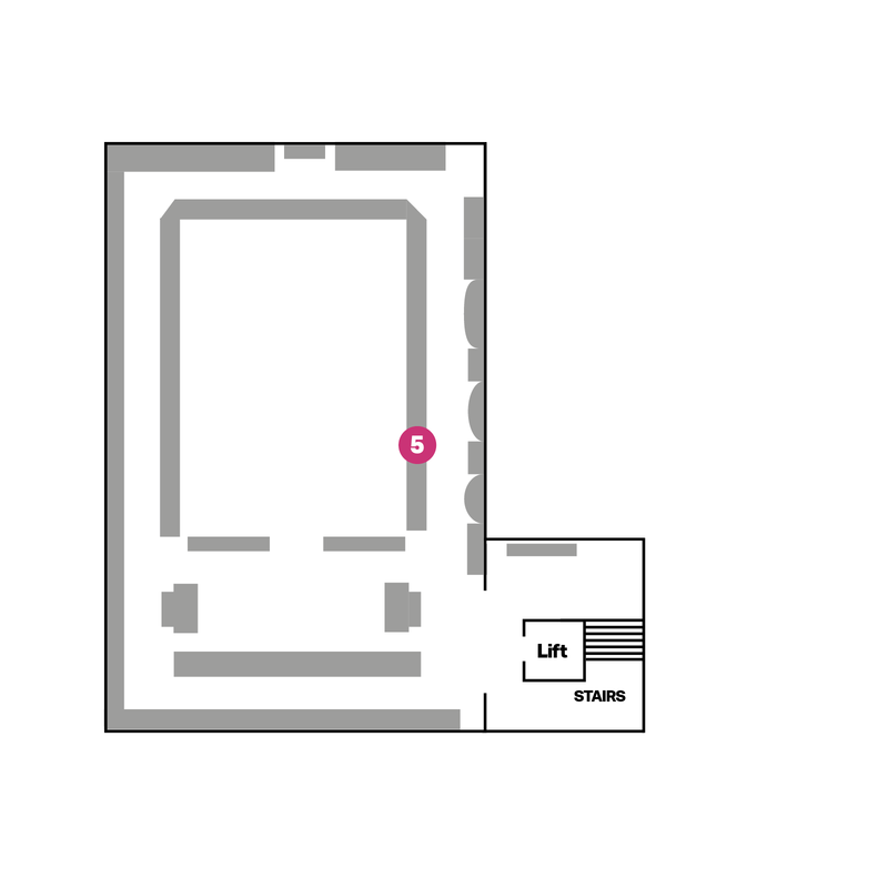 Plan of first floor of museum showing case locations and trail stop highlighted with pink spots