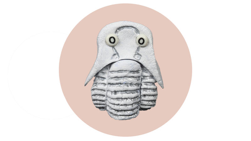 White clay shaped into a trilobite with a ribbed lower body and a hood-shaped head with two beads attached as eyes.