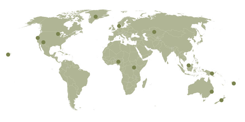 World Map with dots highlighting a variety of locations across the world
