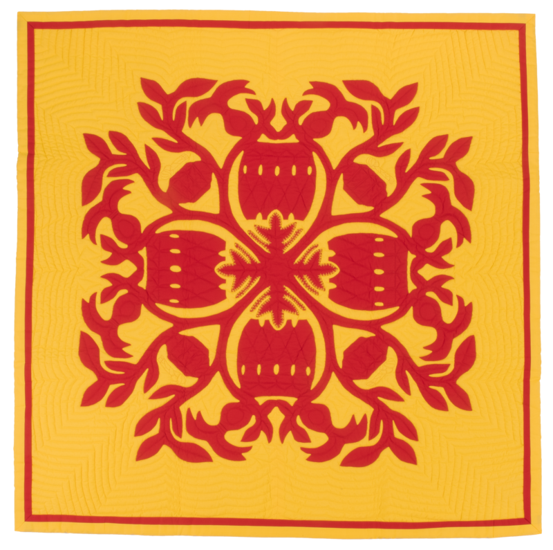 Square yellow quilt with red appliqué design depicting silhouettes of instruments used in Hula dancing