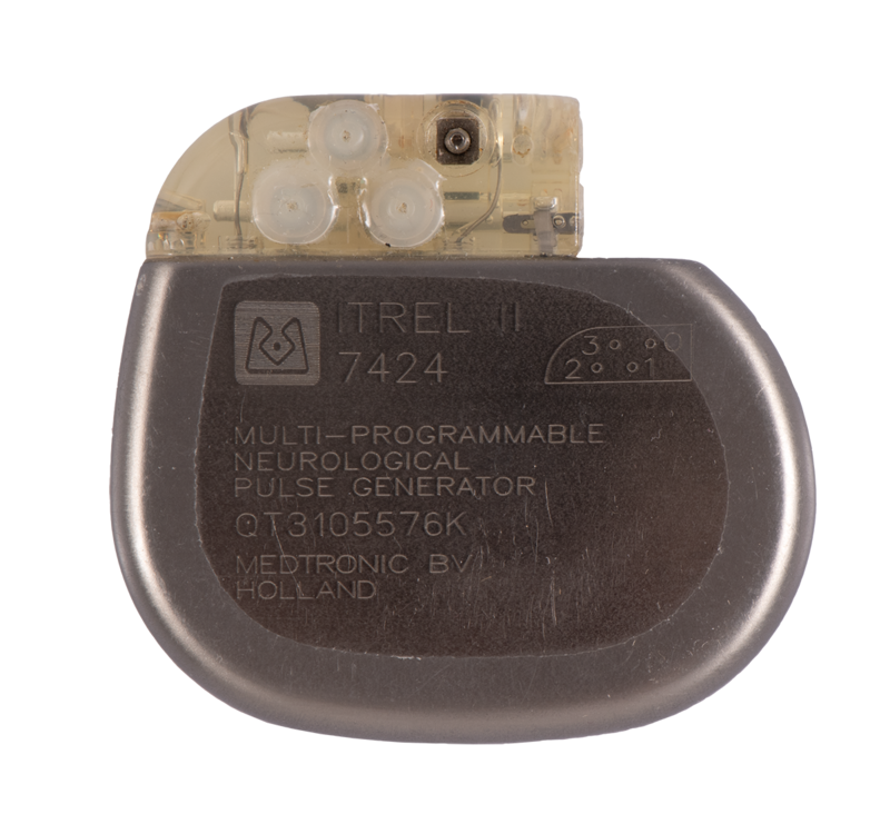A small rounded electronic device in a smooth metal casing embossed with model and manufacturer information