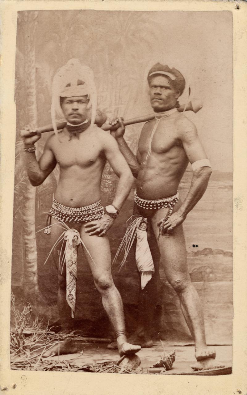 Carte-de-visite of two men of New  Caledonia by Edward Henry Dufty,  about 1877. PRM 1998.276.57.