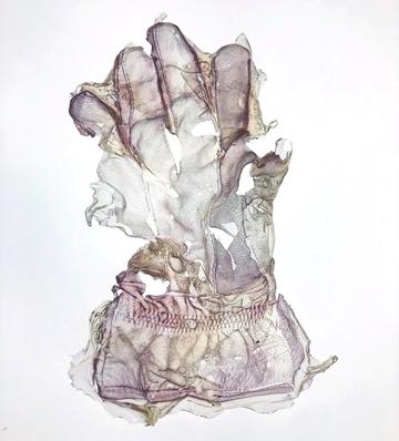 Faint grey and mauve drawing of a grey and mauve torn glove.
