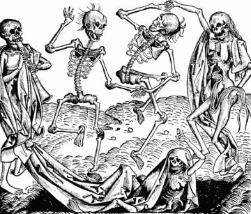 Black and white drawing of four dancing skeletons and one skeleton lying on ground watching