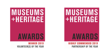 Images showing awards for Winner for Volunteer(s) of the Year and Highly Commended Partnership of the Year at the 2019 Museums+Heritage Awards
