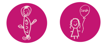 Two white line drawing illustrations of a person, each in a pink circle - one has the name Lucy written on her torso, while the other has a balloon which has the name Sarah written on it.