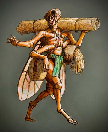 Painting of a humanoid-insect figure carrying a rolled woven mat