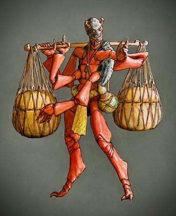 Painting of a humanoid-insect figure carrying an ‘auamo across his shoulders - a long stick from which containers of  ‘uala (sweet potato) hang, ready to be traded.