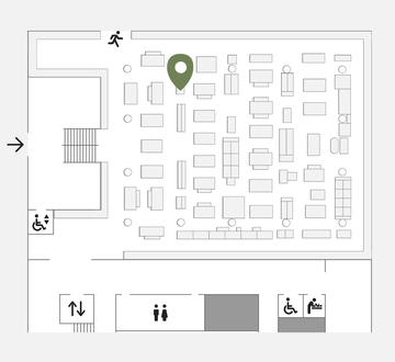 Floor plan showing location of display case on the left side in the second row of cases from the main entrance