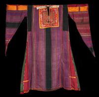 Purple gown with elaborate red and orange embroidery on yoke and pointed sleeves