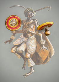 Painting of a humanoid-insect figure holding and wearing items used in Hula dancing
